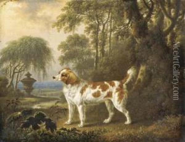 A Marlborough Spaniel In A Wooded Landscape, An Urn Beyond Oil Painting - Charles Towne