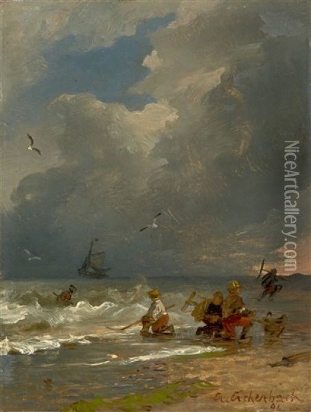 Crabbers On The Beach Oil Painting - Andreas Achenbach
