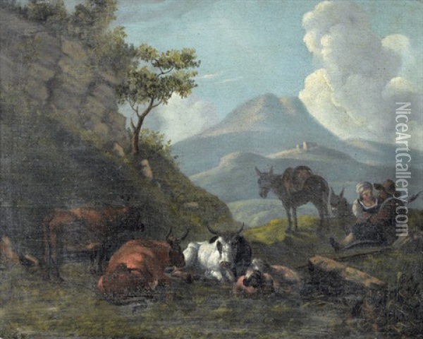 Bauernpaar Mit Tieren In Italienischer Landschaft Oil Painting - Karel Dujardin