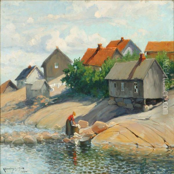 Coastal Scene With Awoman Washing Clothes Oil Painting - Karl Johannes Dornberger