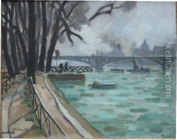 Quais De Seine Pres De Notre-dame De Paris Oil Painting - Louis R. Antral