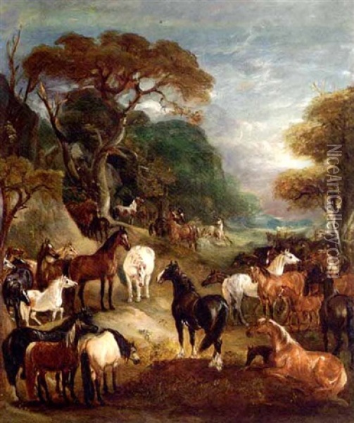 Horses In A Landscape Oil Painting - Claude Lorraine Ferneley