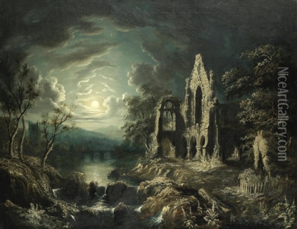 Moonlit Landscape With Ruined Priory, River And Church Oil Painting - Sebastian Pether