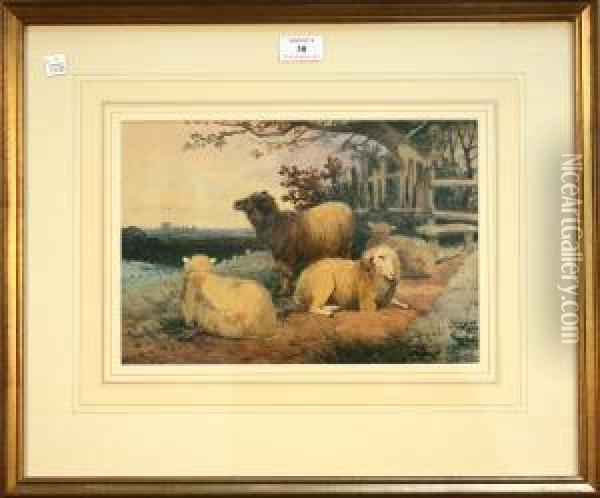 Study Of Sheep Near A Stile, Windsor Castle In The Distance Oil Painting - Frederick E. Valter