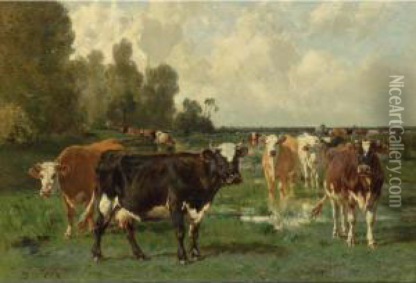 Landscape With Cattle Oil Painting - Emile van Marcke de Lummen