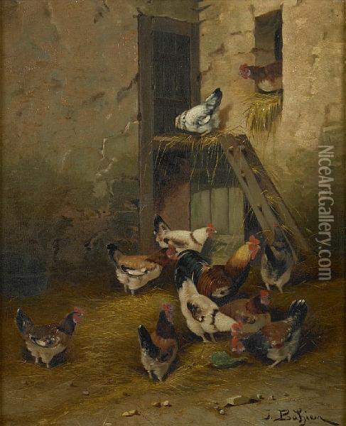 A Barnyard Scene With Chickens Oil Painting - Jules Bathieu