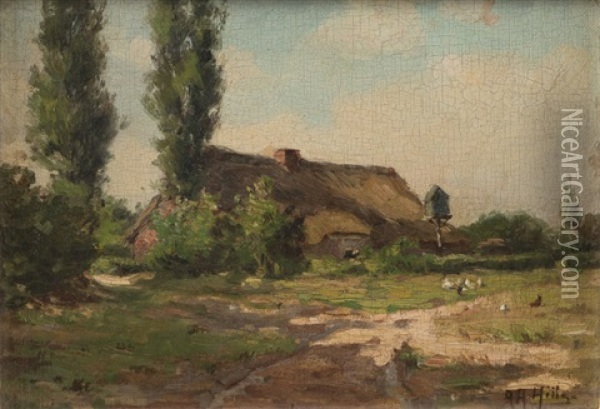 Popileren House - Laren, Holland, Small Farmhouse In A Landscape Oil Painting - Anna Althea Hills