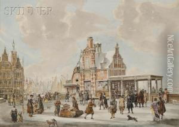 De Nieuwe Brug Met Het Paalhuis, Bjj Winter... Oil Painting - Franz Schikkinger