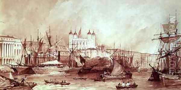 View of the Tower of London from the River Thames at Custom House, c.1840 Oil Painting - William Parrott