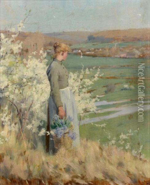 Jeune Femme Dans Un Paysage, Pres D'un Arbre En Fleurs Oil Painting - Paul Albert Baudouin