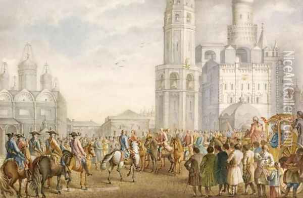 Imperial procession inside the Kremlin with the Ivan the Terrible Belfry and the Cathedral of the Assumption beyond Oil Painting - Jean Louis de Veilly