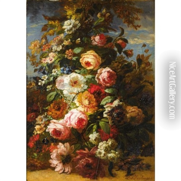 Bouquet De Fleurs Dans Un Paysage Oil Painting - Louis Jean Baptiste Boulange