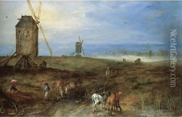 An Open Landscape With Travellers Before A Windmill Oil Painting - Jan The Elder Brueghel