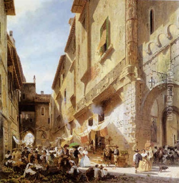 Vue D'un Marche Dans Une Ville Italienne Oil Painting - Carl Johann Friedrich Adolf Roetteken
