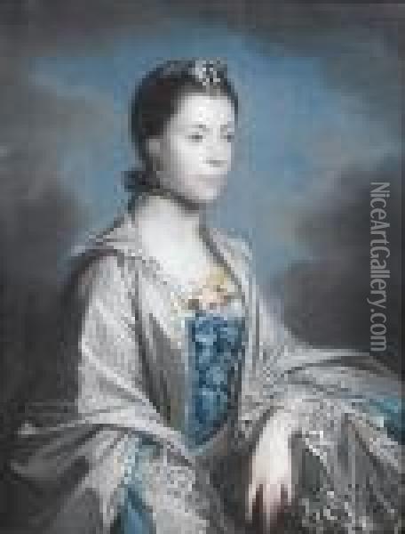Portrait Of Frances Clopton (mrs
 John Partheriche), Half Length, In A Blue Silk Dress Trimmed With Lace
 And A White Shawl, With Flowers In Her Bosom And Hair; And Portrait Of 
John Partheriche Of Alderminster, Half Length, In A Brown Velvet Coat 
Wi Oil Painting - Sir Joshua Reynolds