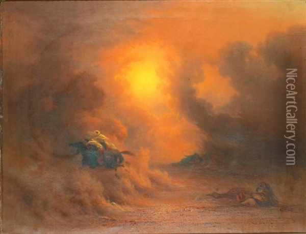 Sandstorm Vid Gize - Ridande Beduiner Oil Painting - Johann Jakob Frey