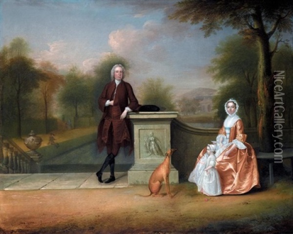 Portrait Of A Gentleman With His Wife And Child (captain The Hon. The Rev. Robert Cholmondeley And His Wife, Mary?) Oil Painting - Arthur Devis
