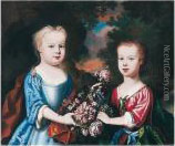Portrait Of Two Children With Flowers In A Landscape Oil Painting - Robert Byng