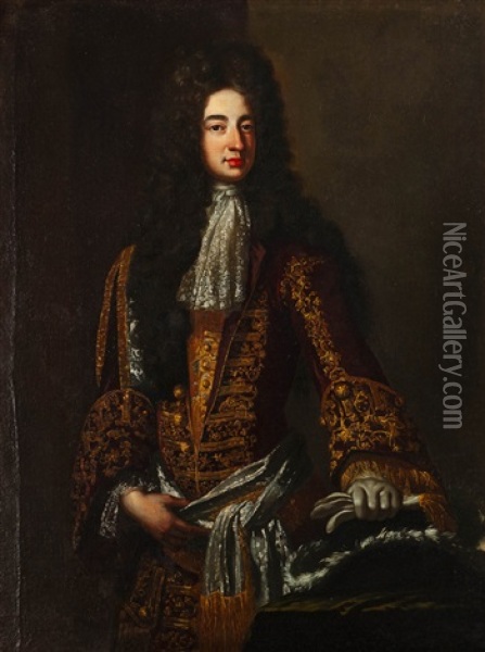 Portrait Of A Gentleman Wearing An Elaborate Embroidered Coat Oil Painting - David Lueders