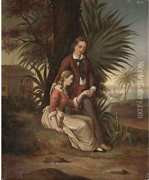 Lovers in a tropical bay Oil Painting - English School