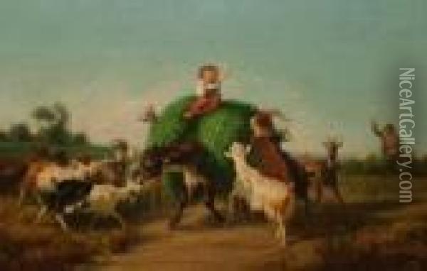 Boy On A Donkey With Goats On A 
Country Lane Andboy On A Donkey With Sheep And Goats On A Hillside Oil Painting - Giuseppe Palizzi