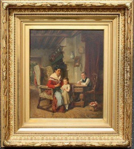 The Knitting Lesson Oil Painting - Charles Petit