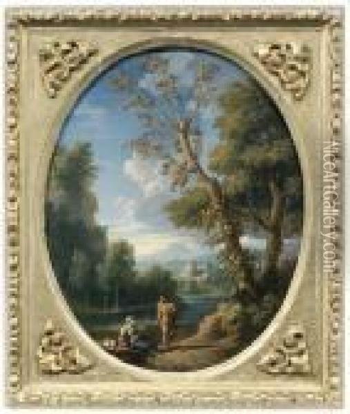Klassische Landschaft Mit Einer Frau Und Einem Mann An Einem Flusufer Oil Painting - Jan Frans Van Bloemen (Orizzonte)