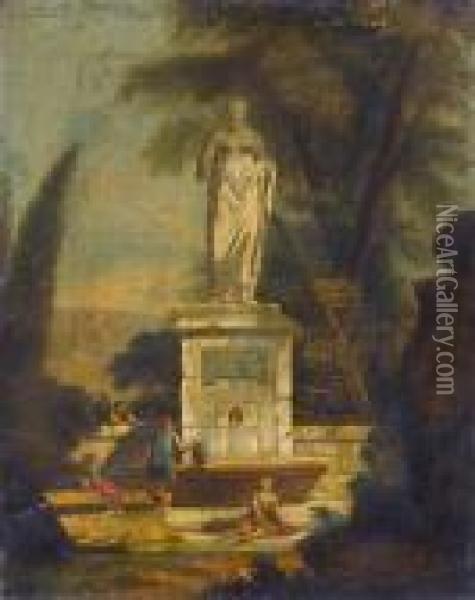 Figures At A Fountain Beneath A Statue Of Venus Oil Painting - Hubert Robert