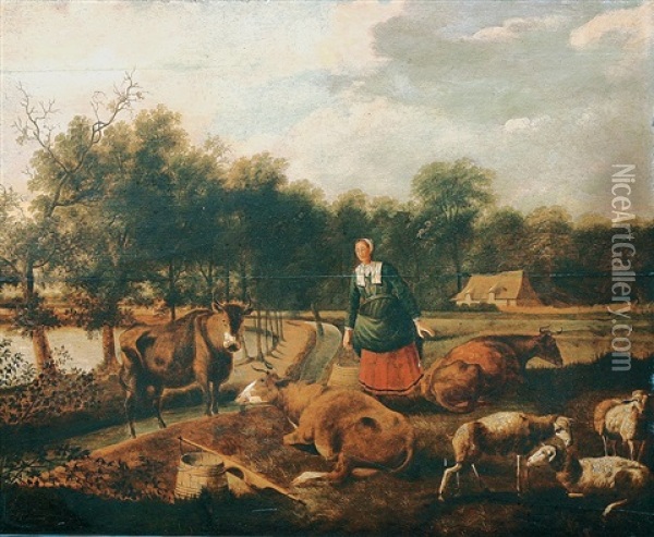 Bauersfrau Mit Kuhen Und Schafen Bei Einem Gewasser Oil Painting - Egbert van Heemskerck the Elder
