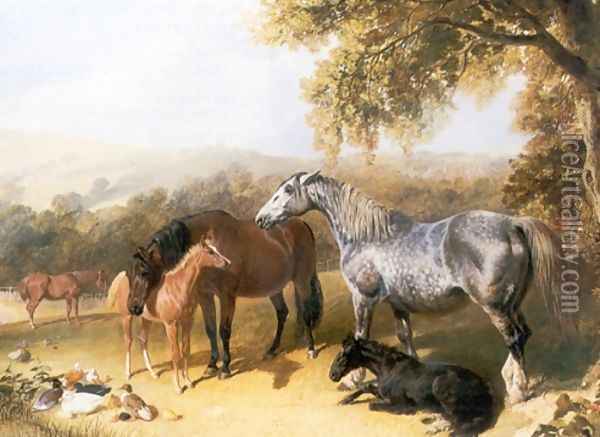 Mares and Foals in a Landscape Oil Painting - John Frederick Herring Snr