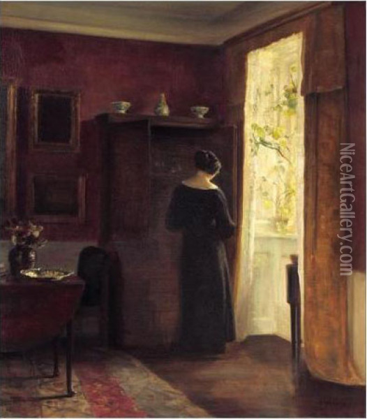 Interior Med Kvinde Ved Vindue (interior With A Woman By A Window) Oil Painting - Carl Vilhelm Holsoe