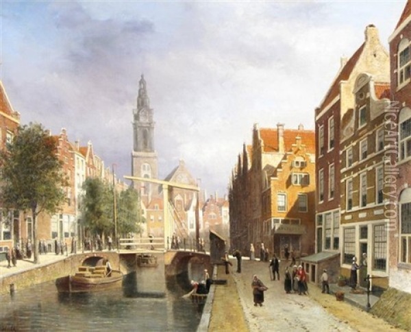 Canal Scene, Amsterdam Oil Painting - Johannes Frederik Hulk the Elder