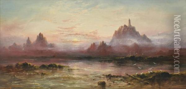 La Corbiere Lighthouse, Jersey At Sunset Oil Painting - S.L. Kilpack