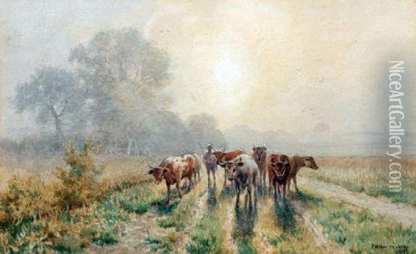 Cattle On Grazing Meadow Oil Painting - Charles Harmony Harrison