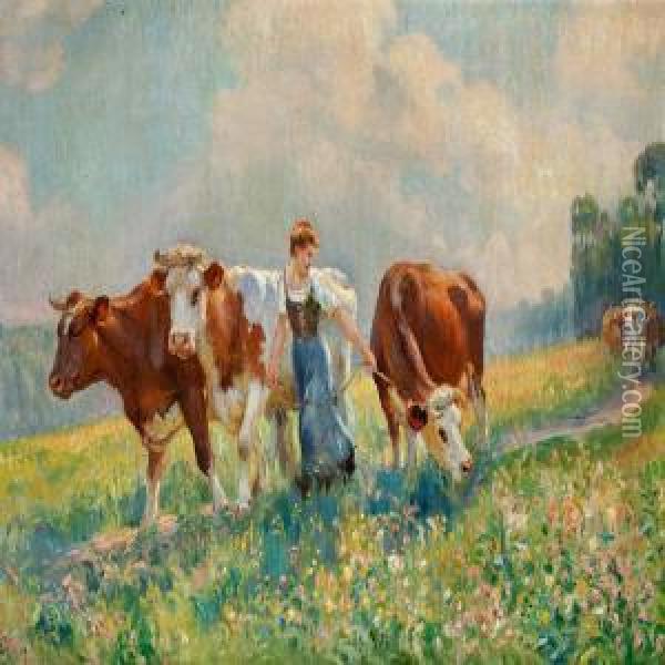 The Cows Are Being Brought Home For Milking Oil Painting - Raymond Louis Lecourt