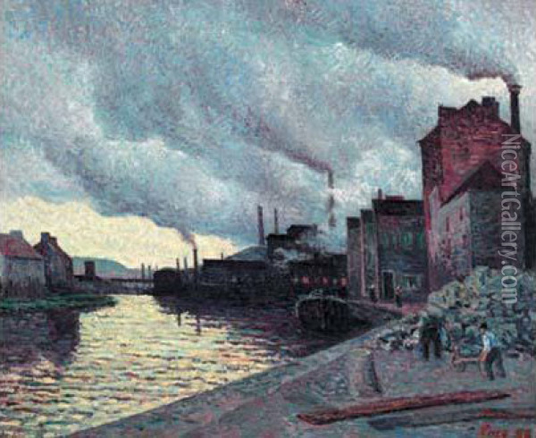 La Fabrique De Briquettes Sur Les Bords De La Sambre, Les Environs De Charleroi, 1896 Oil Painting - Maximilien Luce