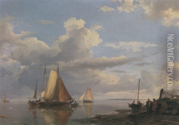 Fishing Boats Off The Coast At Dusk Oil Painting - Hermanus Koekkoek the Elder