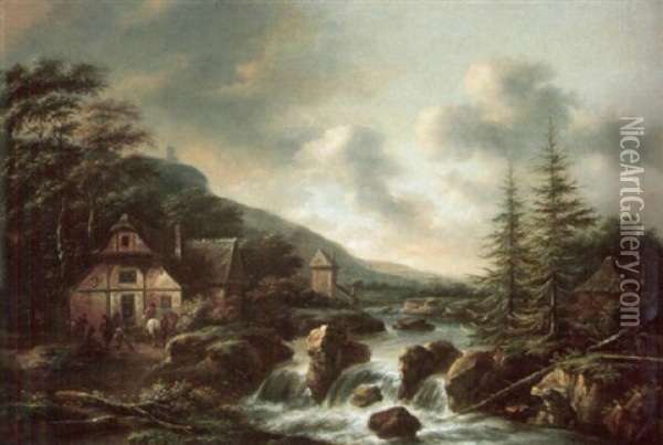 Scandinavian Landscape With Figures Outside A Tavern By A Waterfall Oil Painting - Nicolaes Molenaer