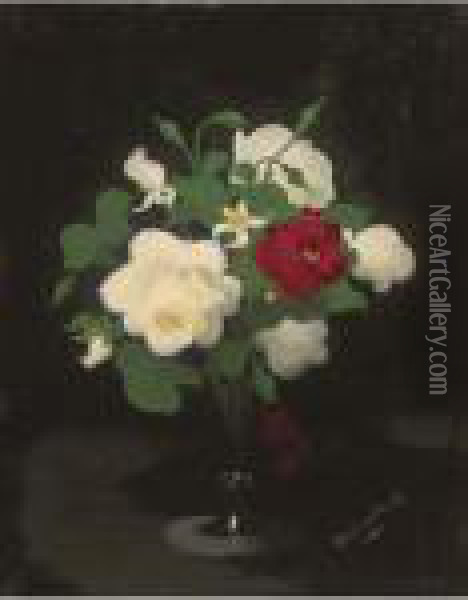 Red And White Flowers In A Glass Vase Oil Painting - James Stuart Park