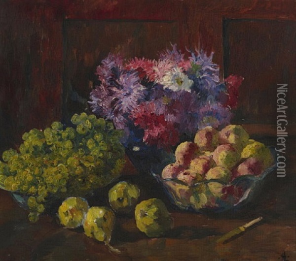 Stillleben Mit Fruchten Und Blumen Oil Painting - Giovanni Giacometti