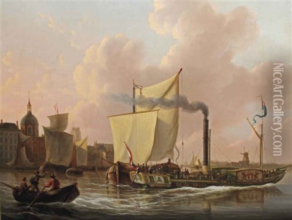The Paddle Boat De Stad Dordrecht On The Oude Maas, Dordrecht Oil Painting - Martinus Schouman