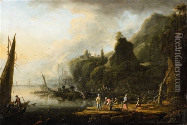 Coastal Landscape With A Jetty Oil Painting - Johann Alexander Thiele