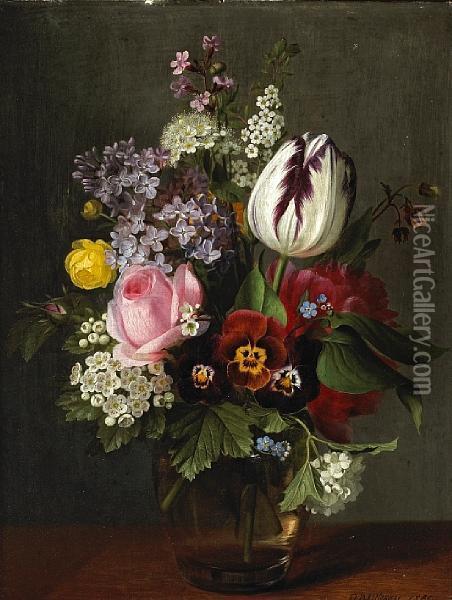 A Still Life With A Rose, A Tulip, Pansies And Other Flowers In A Glass Vase Oil Painting - Otto Didrik Ottesen