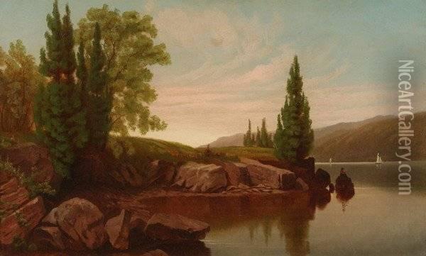 River Bank View,
 Signed And Dated 1877, Lower Left Oil Painting - J.G. Hulett