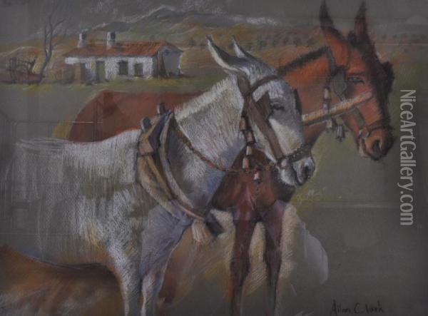 Two Donkeys In A Landscape Setting Oil Painting - Allan Clark