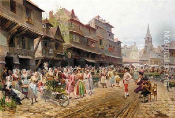 A Concert In The Flower Market Oil Painting - Mariano Alonso Perez