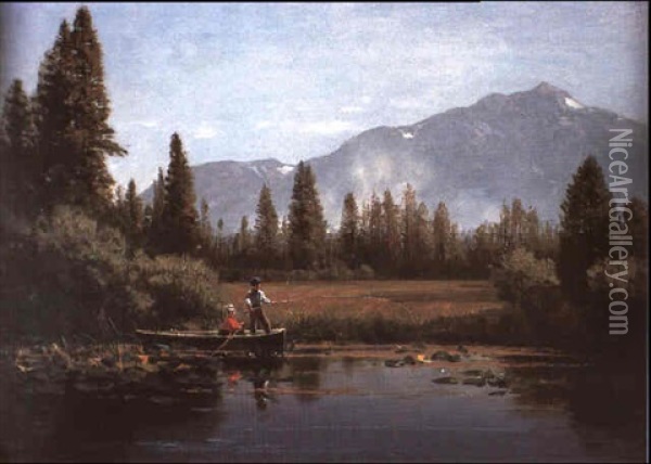 Fishing On A Stream Oil Painting - Thomas Hill