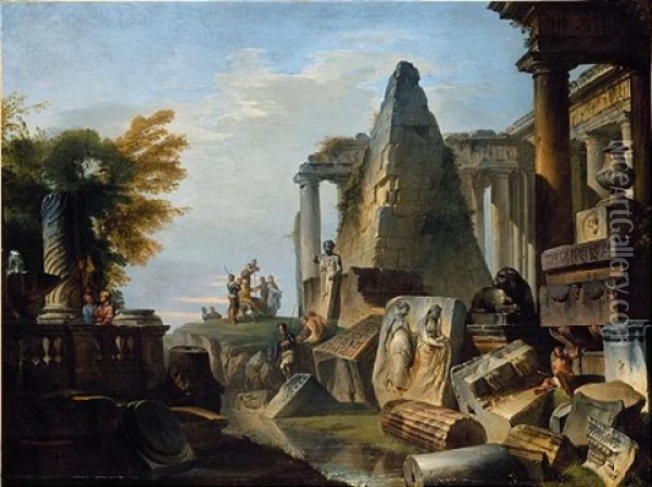 A Philosopher And Soldiers Amongst Ancient Ruins Including The Pyramid Of Gaius Cestius Oil Painting - Giovanni Paolo Panini