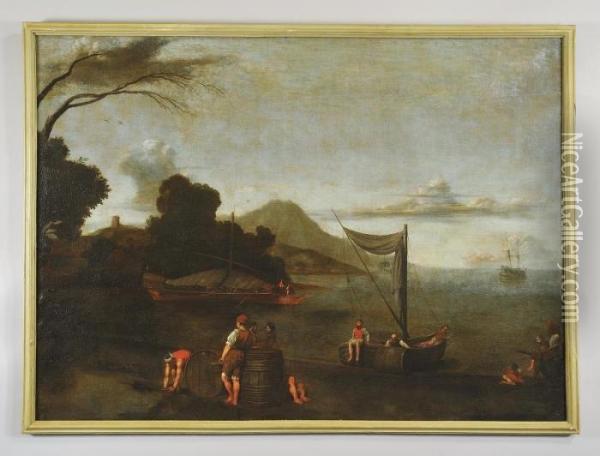 Paesaggio Con Imbarcazioni E Pescatori Oil Painting - Antonio Travi Il Sordo Di Sestri