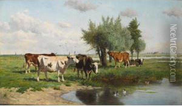 Cows In A Summer Landscape Oil Painting - Dirk Van Lokhorst